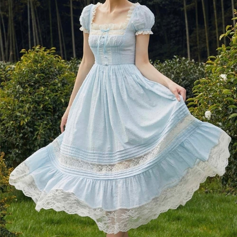 Lacemade Cinderella Dress Blue Lace Trim Dress 100% Cotton